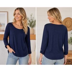 Chico’s Navy Blue Long Sleeve Top XL Soft Stretch Modal Blend Roll Tab Sleeve